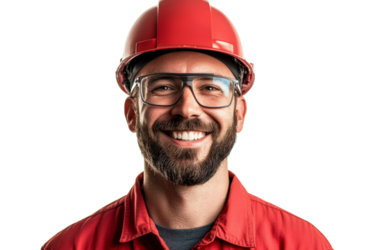 Happy worker in safety gear with red hard hat and glasses, smiling confidently against a white background.
