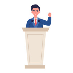 Male politician speaking at an election rally, US presidential campaign concept. Vote 2024. Vector illustration.