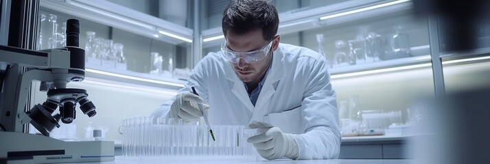 A scientist carefully handles test tubes and samples while wearing protective gear in a laboratory setting focused on research. Generative AI