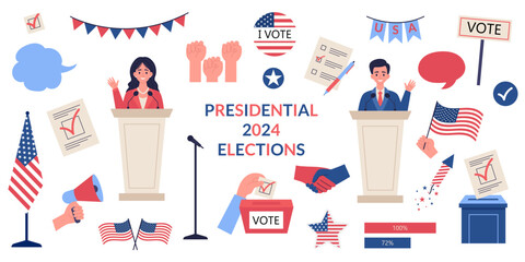 USA presidential candidates participating in political debates during an election campaign. Election USA. Vector illustration.