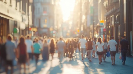 Obraz premium Dreamy out-of-focus image depicting a bustling street filled with people on a bright summer day, featuring soft light reflections and sunshine, creating a cheerful and inviting atmospher