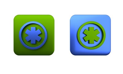 Colorful Medical symbol of the Emergency - Star of Life icon isolated on white background. Square button. 3D render illustration