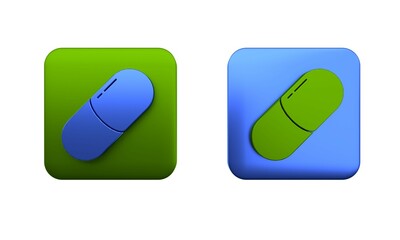 Colorful Medicine pill or tablet icon isolated on white background. Capsule pill and drug sign. Pharmacy design. Square button. 3D render illustration
