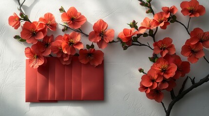 Red flowers and envelopes arranged elegantly on a textured surface.