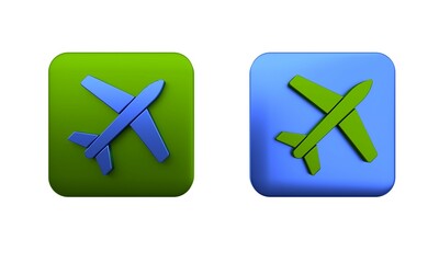 Obraz premium Colorful Plane icon isolated on white background. Flying airplane icon. Airliner sign. Square button. 3D render illustration