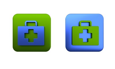 Fototapeta premium Colorful First aid kit icon isolated on white background. Medical box with cross. Medical equipment for emergency. Healthcare concept. Square button. 3D render illustration