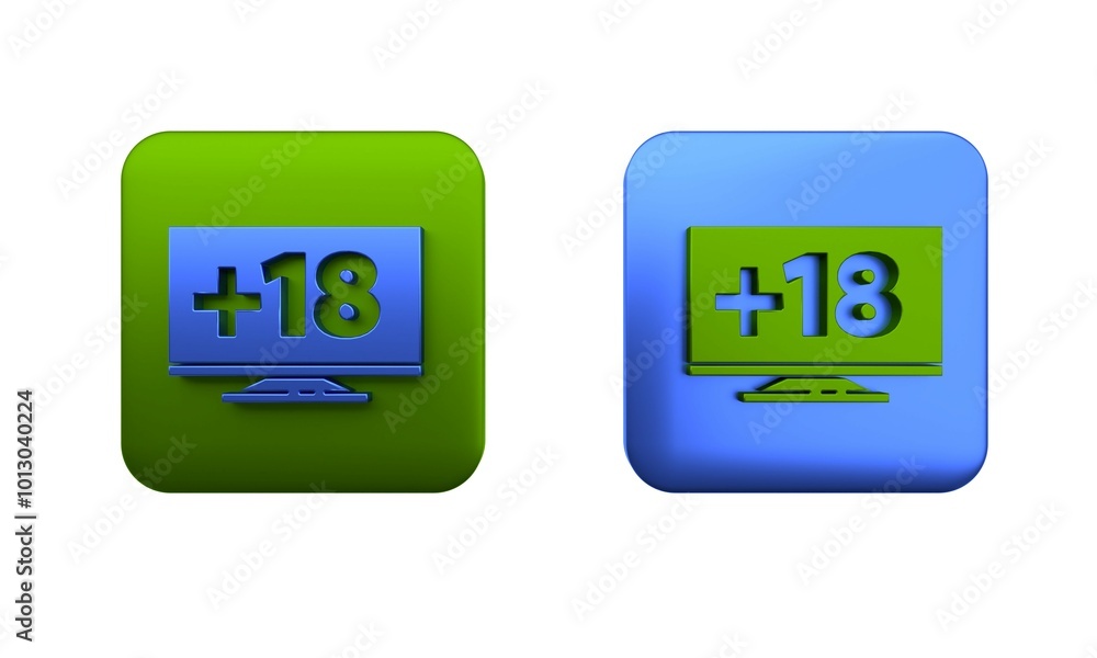 Poster colorful computer monitor with 18 plus content icon isolated on white background. age restriction sy