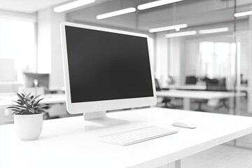 Fototapeta premium Minimalist white desk with a computer and office background, blurred business center interior in the blurred background. Mockup for design or presentation