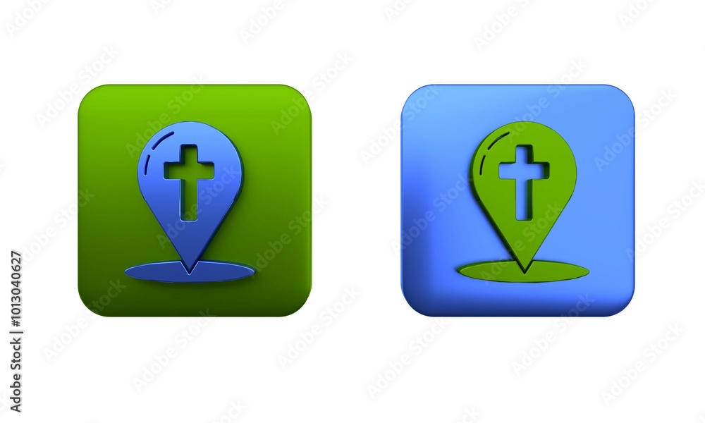 Poster colorful map pointer with christian cross icon isolated on white background. square button. 3d rende