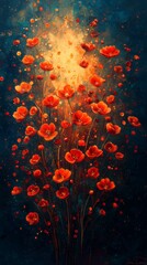 Vibrant Orange Flowers with Glowing Sparks in a Dreamy Atmosphere, Perfect for Nature-Inspired Phone Screensavers and Floral Art Lovers