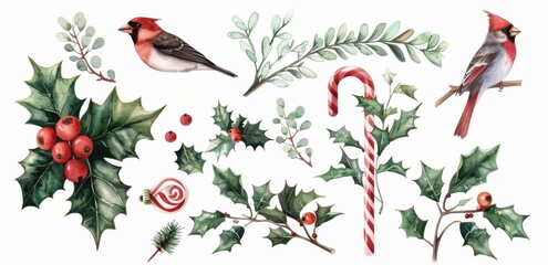 Winter birds and holly decorations with candy cane and berries in festive arrangement
