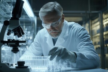 A scientist in a white lab coat and gloves carefully manages test tubes under bright laboratory lighting, ensuring precise handling of samples. Generative AI