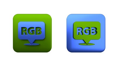 Colorful Speech bubble with RGB and CMYK color mixing icon isolated on white background. Square button. 3D render illustration