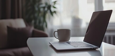 Minimalist white office desk with laptop and coffee mug on a blurred background, with space for text, representing the concept of working from home