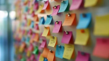 Colorful sticky notes pinned on a wall for brainstorming and project organization in an office