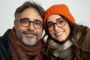 Man and a woman are wearing scarves and hats. The woman is smiling. man and a woman, both looking pleasantly surprised and delighted, are facing the camera. a warm, joyful moment,