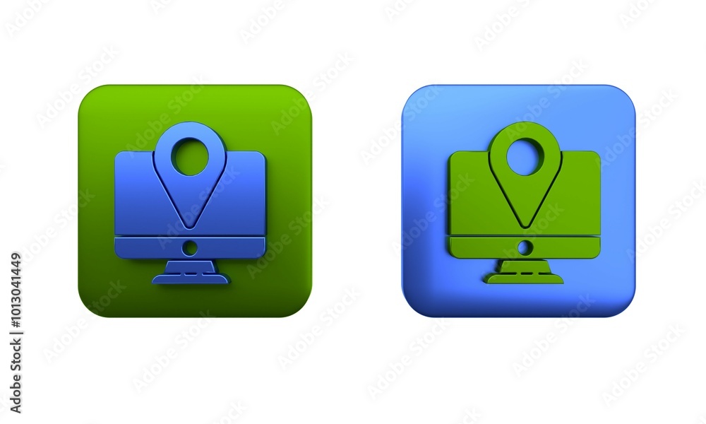 Poster colorful computer monitor and folded map with location marker icon isolated on white background. squ