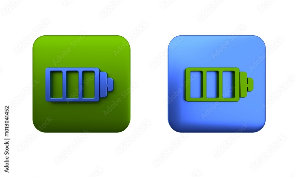 Poster colorful battery charge level indicator icon isolated on white background. square button. 3d render 
