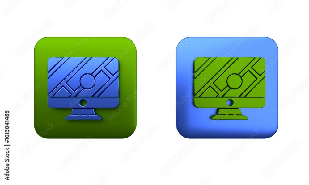 Poster colorful computer monitor and folded map with location marker icon isolated on white background. squ