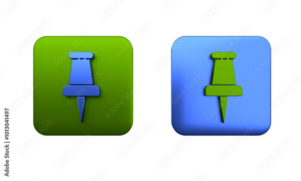 Poster colorful push pin icon isolated on white background. thumbtacks sign. square button. 3d render illus