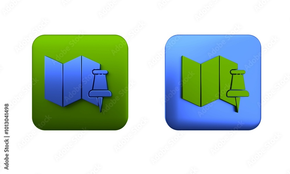 Poster colorful folded map with push pin icon isolated on white background. square button. 3d render illust