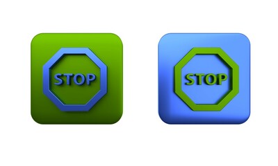 Colorful Stop sign icon isolated on white background. Traffic regulatory warning stop symbol. Square button. 3D render illustration