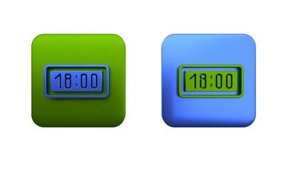 Colorful Digital alarm clock icon isolated on white background. Electronic watch alarm clock. Time icon. Square button. 3D render illustration