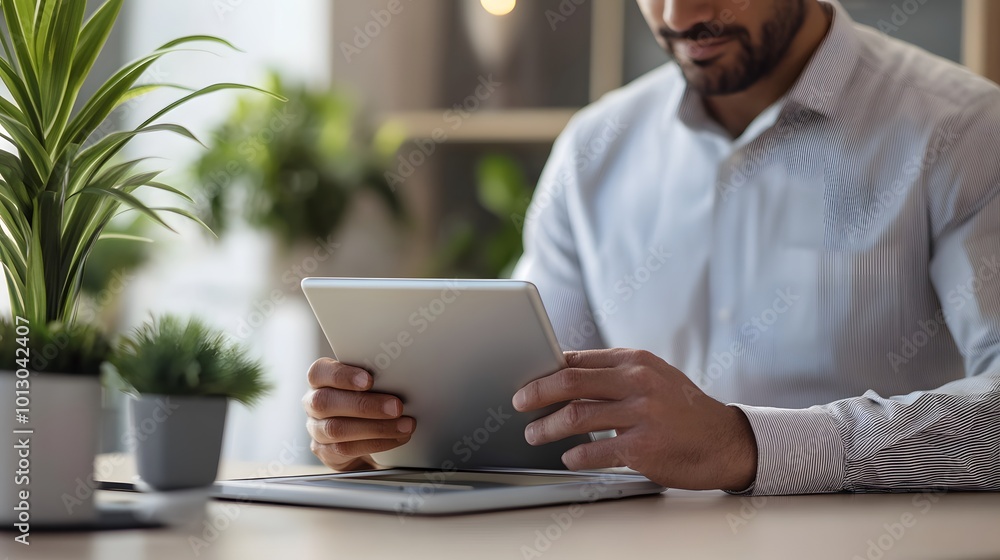 Poster man using a tablet computer at a desk with plants