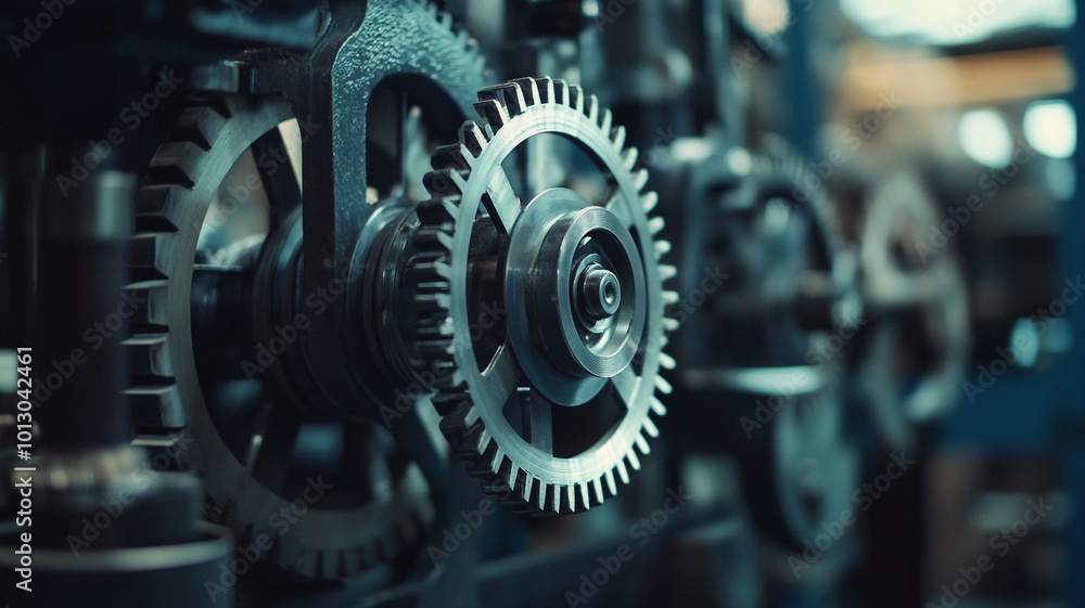 Poster close-up view of interconnected gears in a mechanical assembly inside a workshop