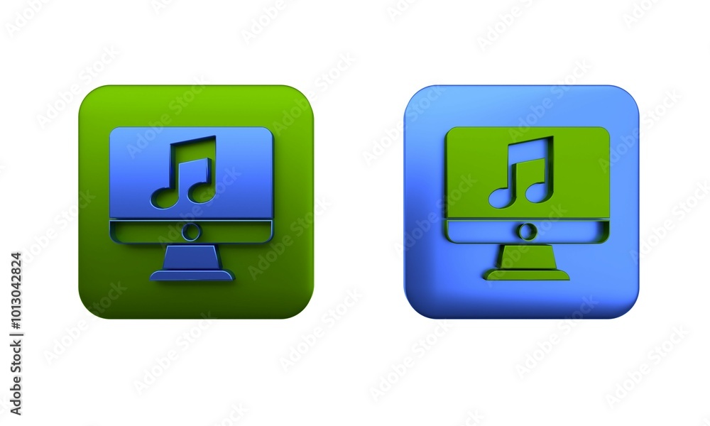 Aufkleber colorful computer with music note symbol on screen icon isolated on white background. square button.