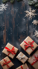 Obraz premium Background with snowflakes and presents, leaving space for text. A rustic wooden table featuring gift boxes wrapped in red ribbons with snowflakes scattered around, bringing a festive holiday vibe.