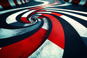 Red, white, and blue spiral path. The path is made of concrete and is surrounded by rocks. A red, white and blue spiral on the asphalt, in the style of abstract digital art.