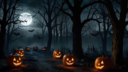A spooky path in a dark forest with jack-o-lanterns lit by a full moon on a Halloween night.