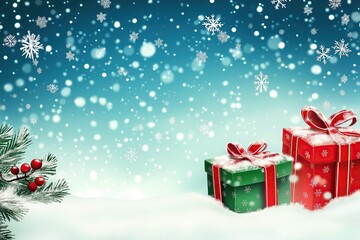 Christmas gifts and snowflakes background with open space for text. A beautiful Christmas gift wrapped in a ribbon, set in a snowy winter landscape, evoking holiday joy and anticipation