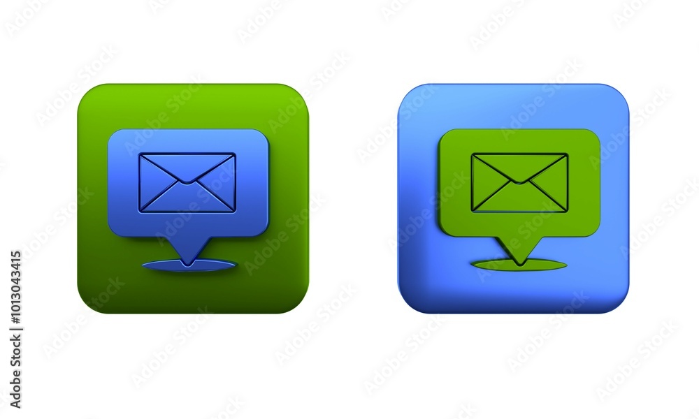Poster colorful speech bubble with envelope icon isolated on white background. square button. 3d render ill