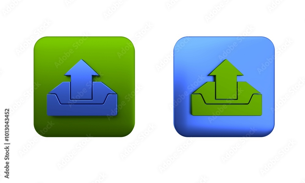 Poster colorful upload inbox icon isolated on white background. square button. 3d render illustration
