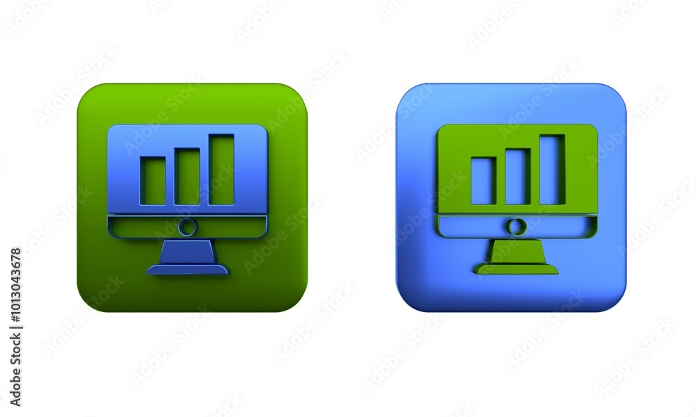 Poster colorful computer monitor with graph chart icon isolated on white background. report text file. acco