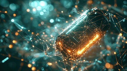 Futuristic energy theme showcasing a radiant rechargeable battery embedded in a web of animated particles, representing technological advancement and eco-friendly solutions