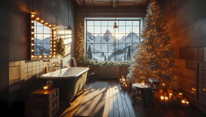 an industrial style bathroom decorated with Christmas tree wallpaper, a large window with mountains and snow on it created with generative AI.