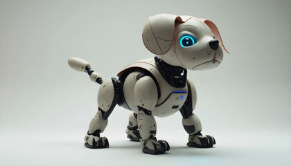 A robot dog with floppy ears and LED lights for eyes, showcasing a playful design and advanced technology, perfect for companionship and interactive play.

