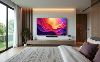 A sleek modern living room with a spacious layout, highlighted by a large TV elegantly mounted on the wall.