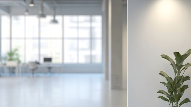 Blur focus of white open space office interior, highlighting a modern, minimalistic design with clean lines and ample natural light, ideal as a versatile background