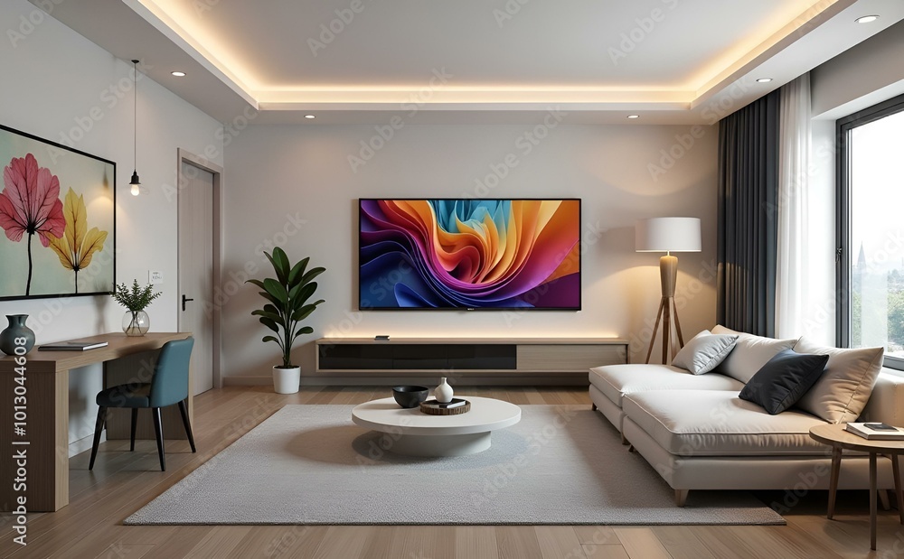 Wall mural a contemporary living room featuring a large television mounted on the wall, showcasing a stylish an