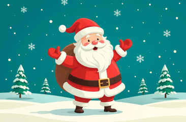 Merry Santa with a sack walks through the winter forest. Postcard, illustration
