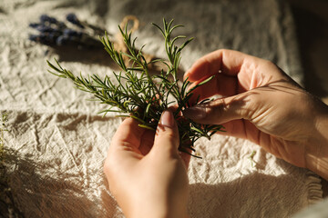 First person view of female hand uses natural twine to tie rosemary sprigs. Preparing fresh herbs for drying and spice use