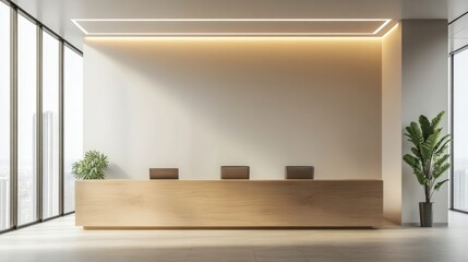Office reception area, light wood desk, LED lights overhead, light walls, minimalist design, large clear windows