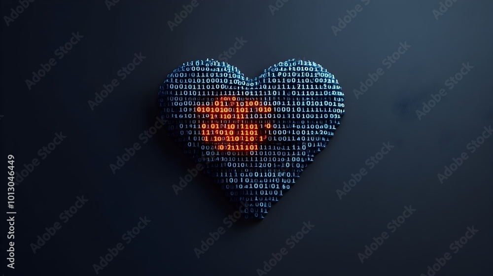 Poster futuristic digital heart made of binary code symbolizing technological love concept