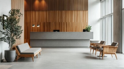 Sleek hotel reception and waiting area, gray seating, wooden and white walls, clear windows, plant pot, concrete floor