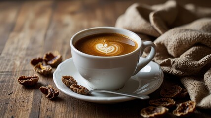 Fototapeta premium A cup of coffee with latte art and dried figs on a wooden table with a cozy blanket.