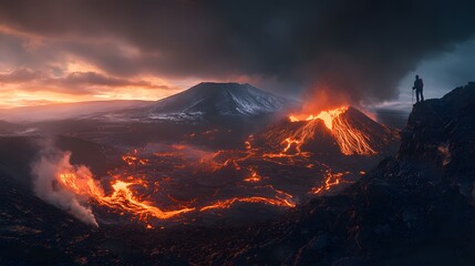Fototapeta premium A lone hiker watches a volcano erupt in a dramatic display of nature's power.